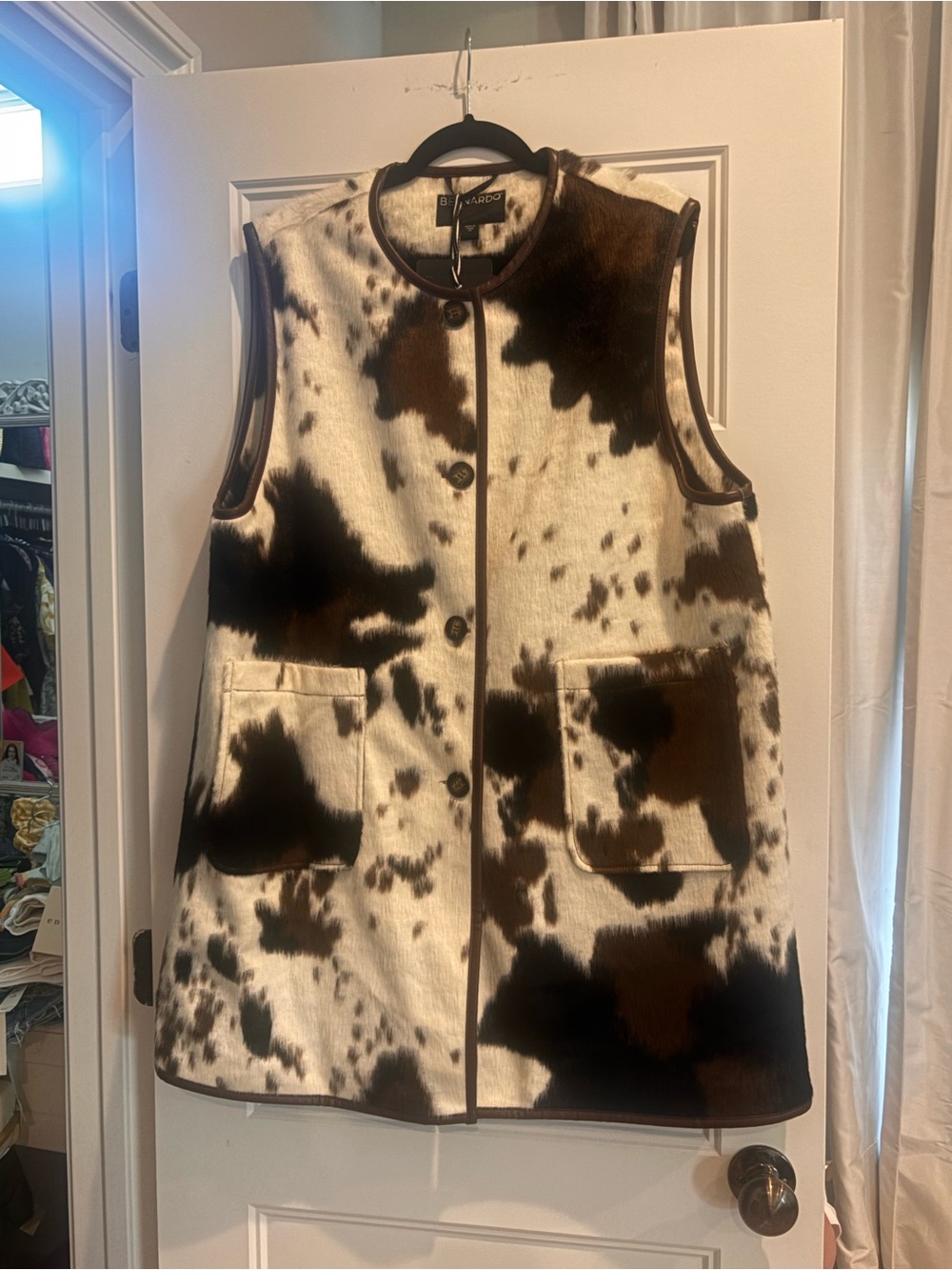 Bernardo Brown & White Cowhide Print Sleeveless Coat
